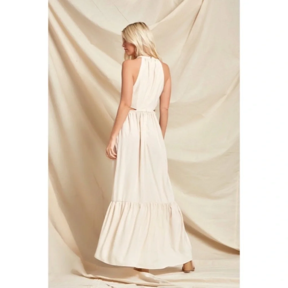 Bohemian Cream Solid Cut Out Waist Full Long Length Maxi Dress - Picture 3 of 3